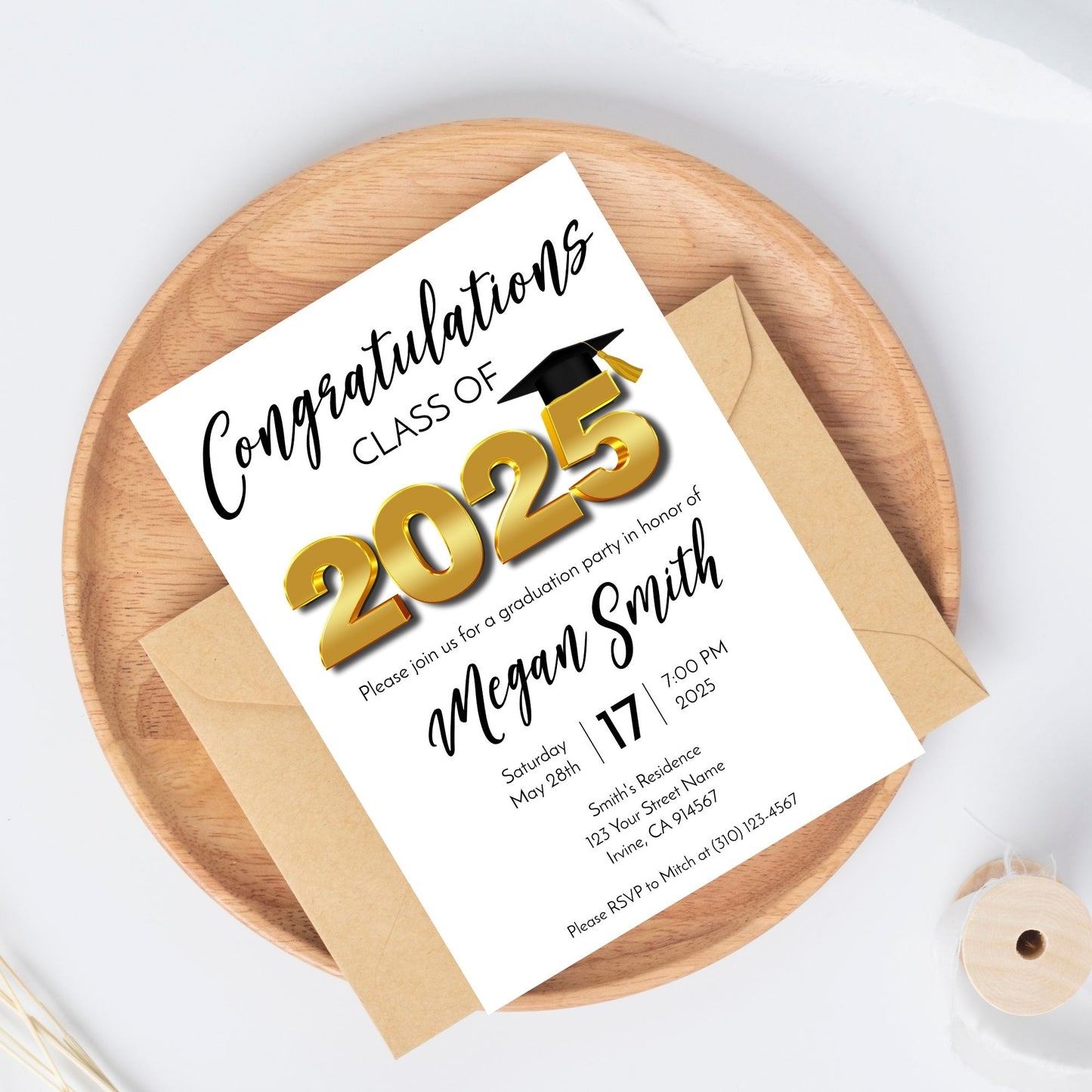 Graduation Invitation Template Class of 2025 White and Gold Editable Corjl Design 5x7 Graduation Party Invite Instant Download Printable