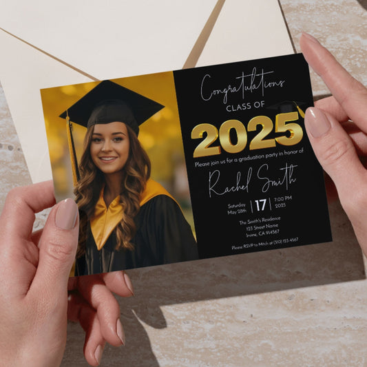 Graduation Party Invitation Template Class of 2025 Black and Gold Photo Design Editable Corjl 5x7 Invite Instant Download Printable