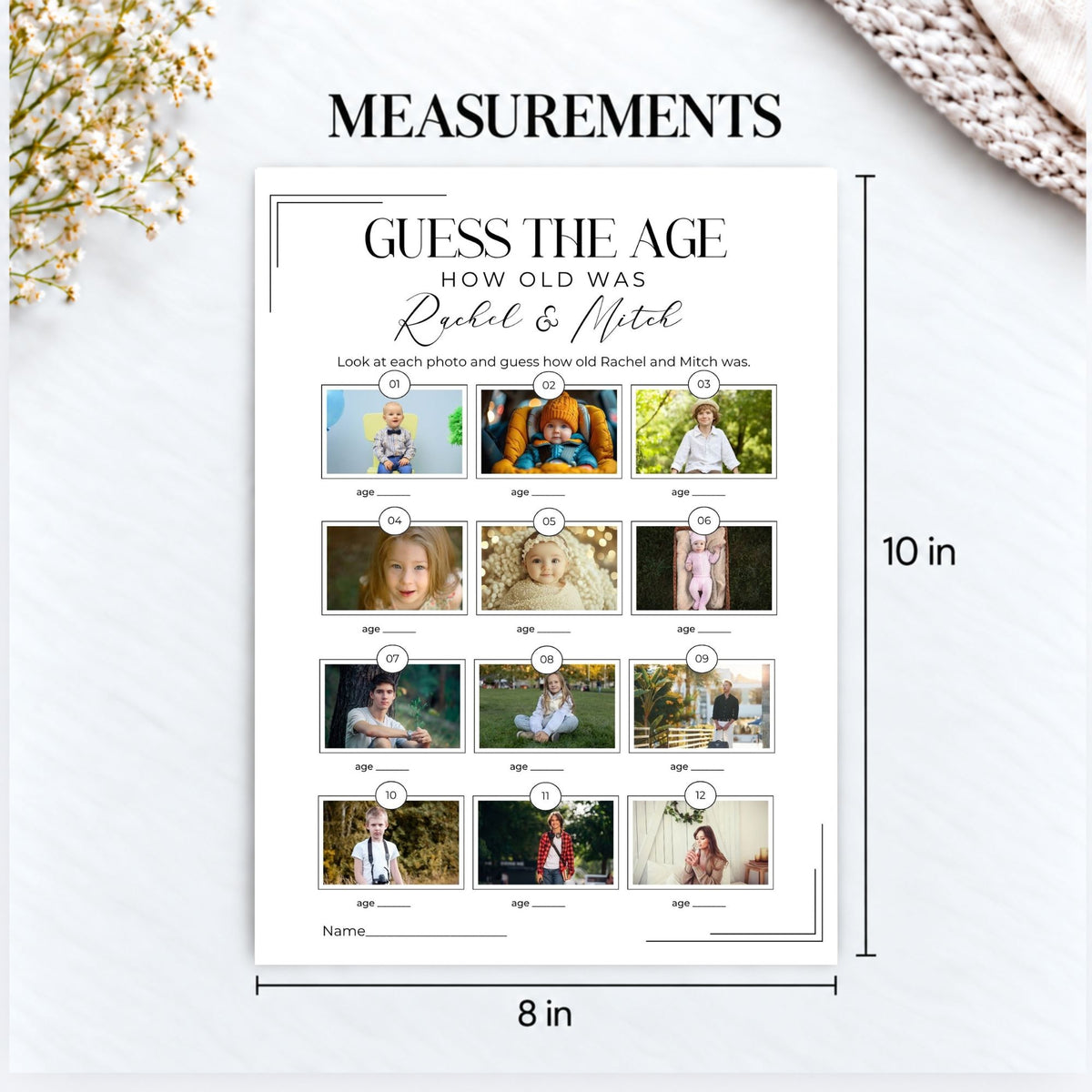 A printed measurement-style guessing game card titled 'GUESS THE AGE HOW OLD WAS Rachel & Mitch' shown on a white background with dimension lines indicating 10 in height and 8 in width. The sheet contains multiple small photo thumbnails labeled with ages 10 through 20.
