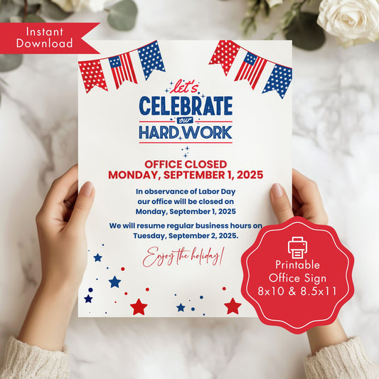 Office closure sign for Labor Day with American flags held by hands on a light background
