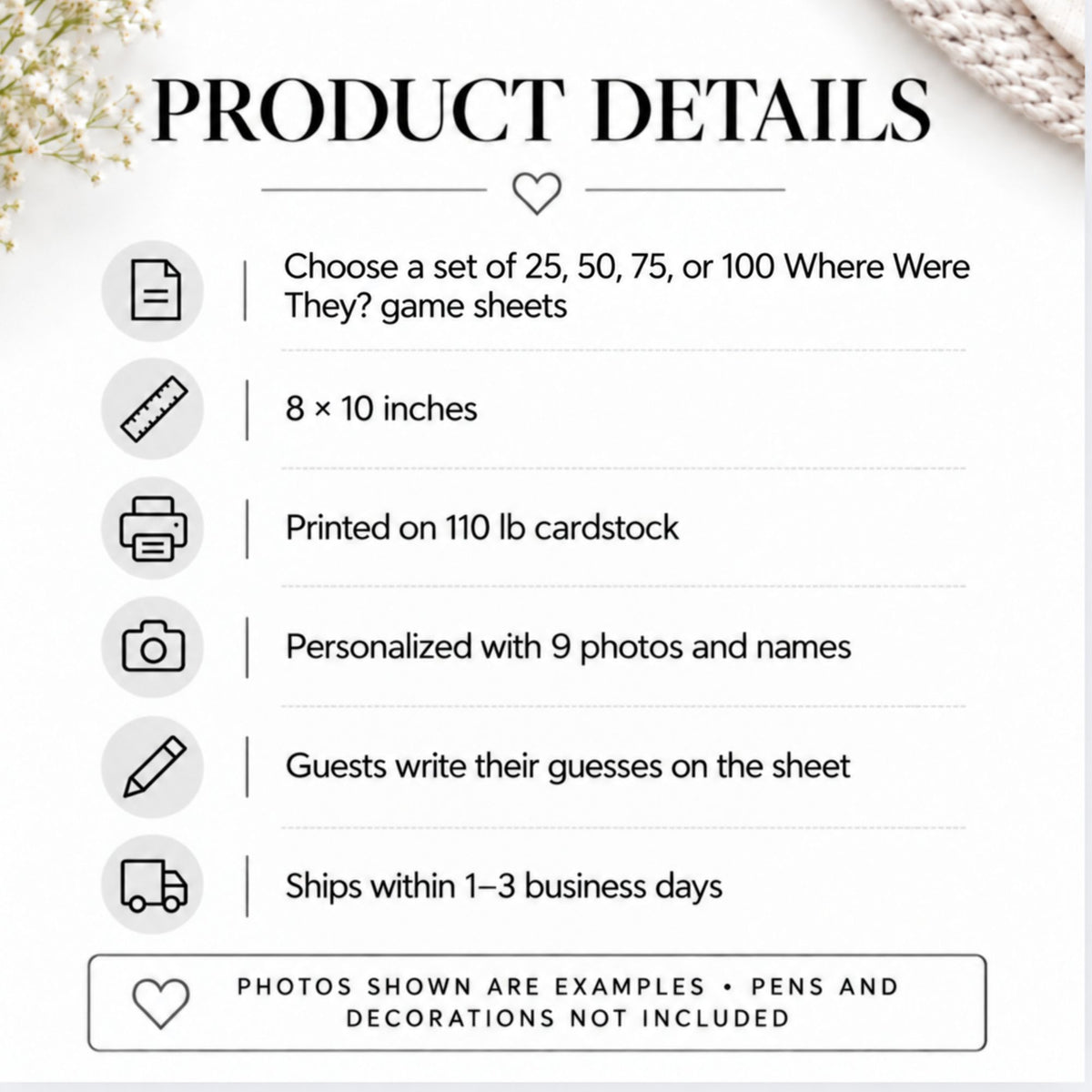 Product details infographic for a personalized game sheet set, featuring text and icons for size (8 x 10 inches), material (110 lb cardstock), personalization (9 photos and names), guessing activity, shipping, and a note that photos and decorations are not included.
