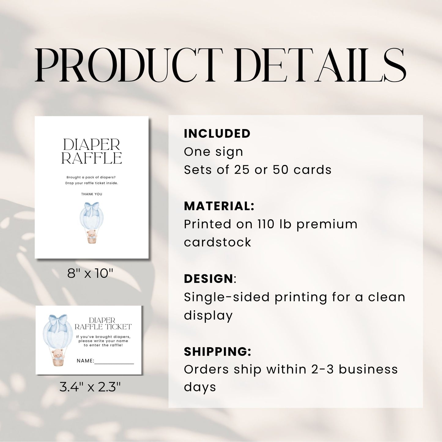 Product details of diaper raffle items including sign, cards, and packaging on a light background.