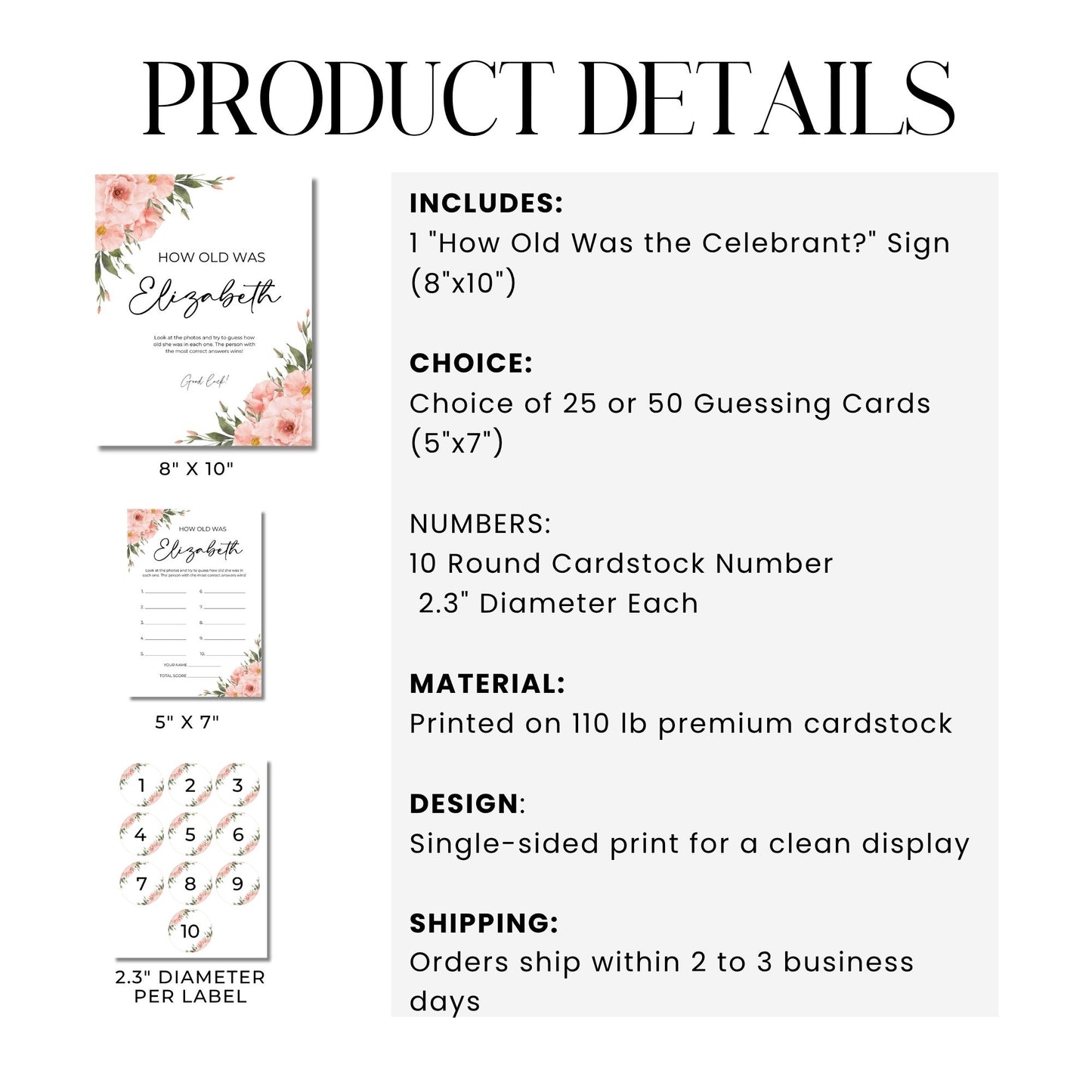 Product details of a floral-themed baby shower or birthday party package with signs and guessing cards.