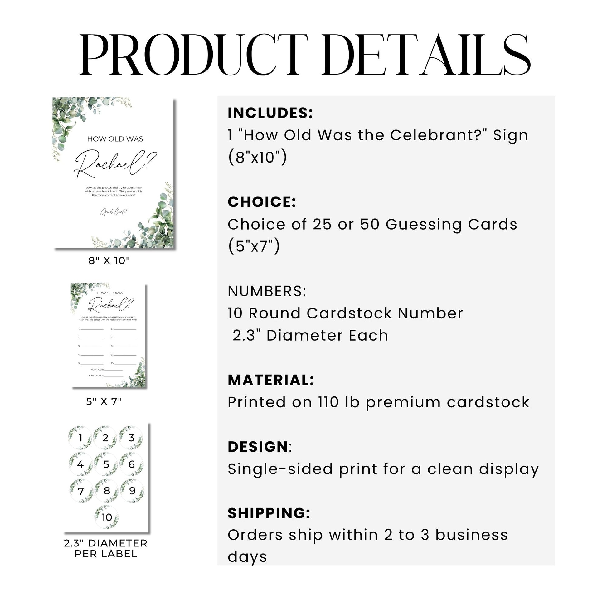 Product details of a celebration sign set with cards and numbers on a white background.