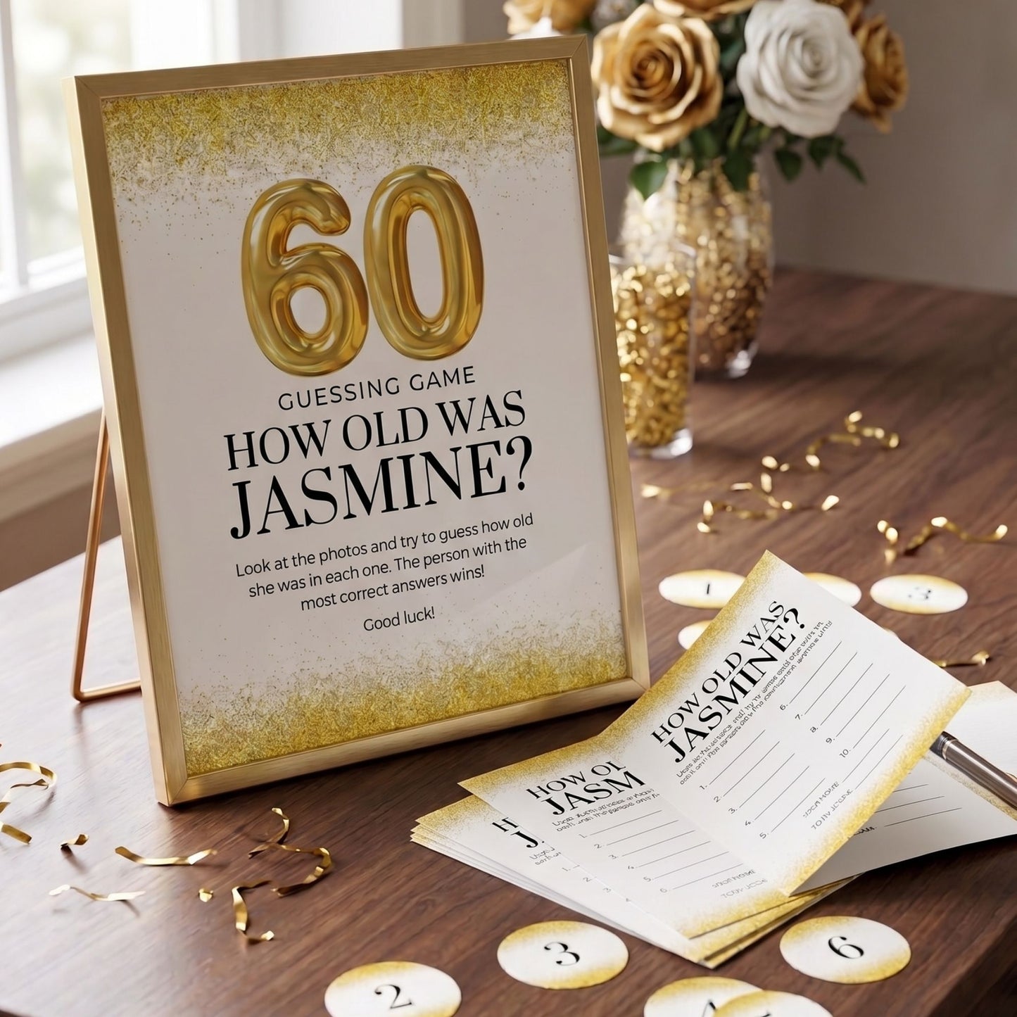 60th birthday guessing game with cards and a framed sign on a table.