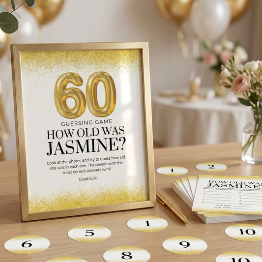 Gold 60th birthday guessing game display featuring an 8x10 framed “How Old Was Jasmine?” sign, 5x7 game cards, and numbered round labels arranged on a wooden table with elegant gold party decor.