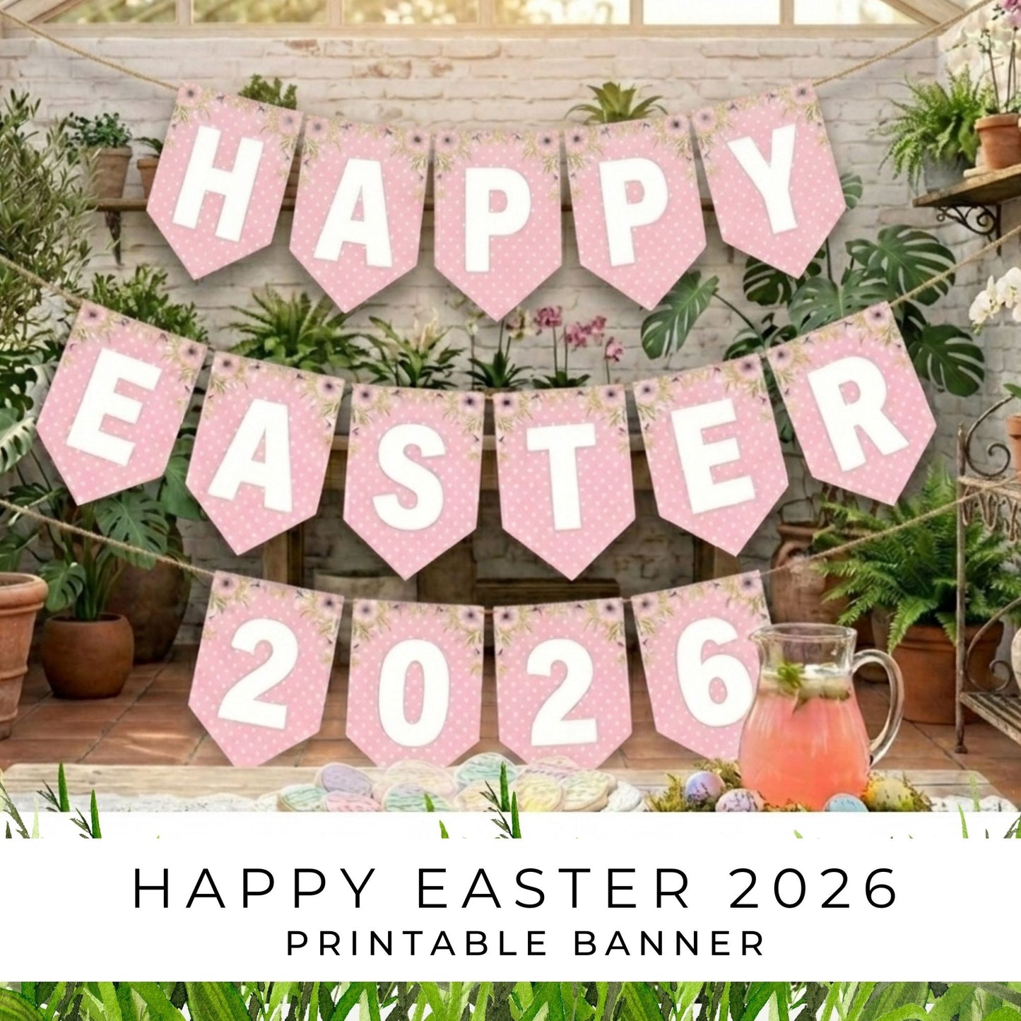 Pink 'Happy Easter 2026' banner with plants and a drink in the background