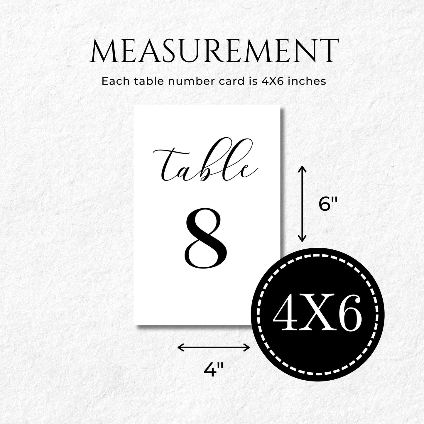 Product measurement graphic showing a "Table 9" card. Text indicates the card is 4x6 inches, with arrows highlighting the dimensions. The background is a clean, white textured paper style.