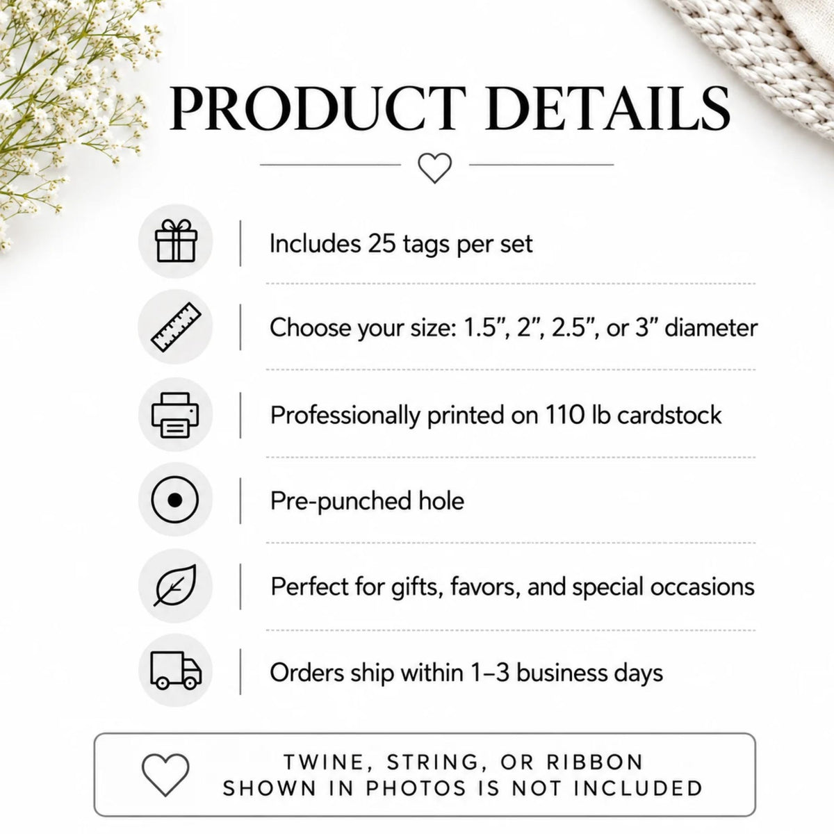 Product details infographic for custom gift tags, featuring a list of specifications on a white background with decorative floral and knit corner accents. Text highlights features such as 25 tags per set, available sizes from 1.