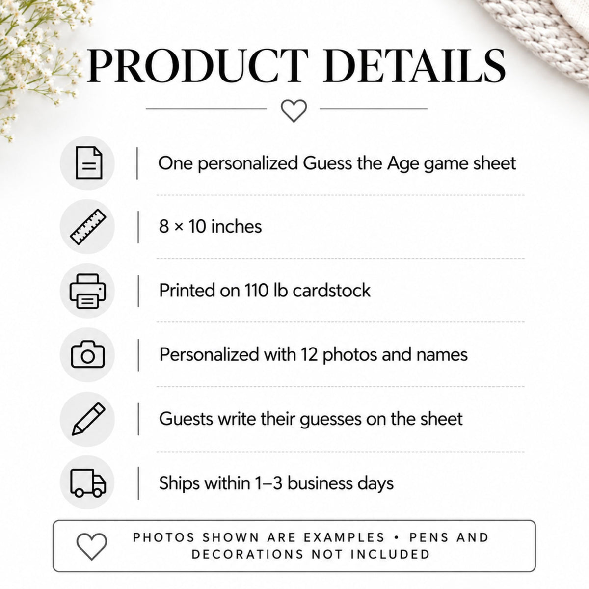 Product details infographic for a personalized Guess the Age game sheet, showing text with icons for size (8 x 10 inches), material (printed on 110 lb cardstock), personalization (12 photos and names), writing space, shipping, and a note that photos and pens/decorations are not included.