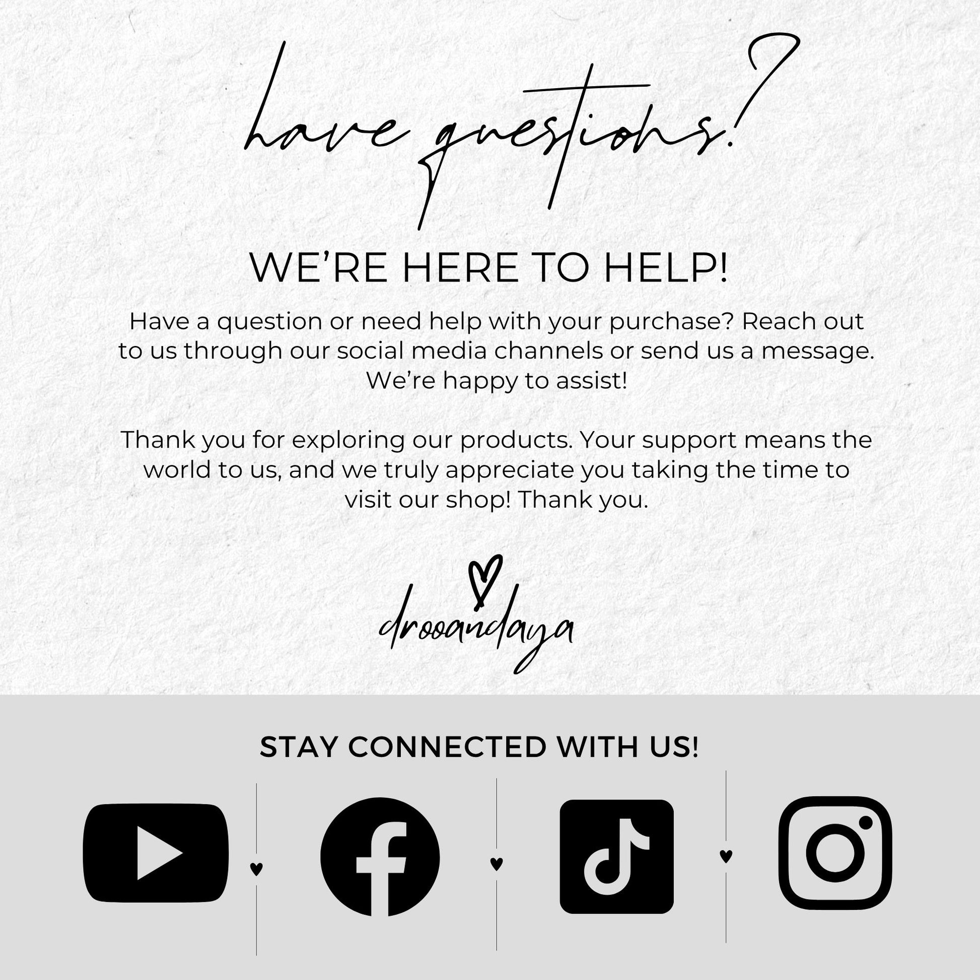 Customer service message with contact information and social media icons on a light gray background