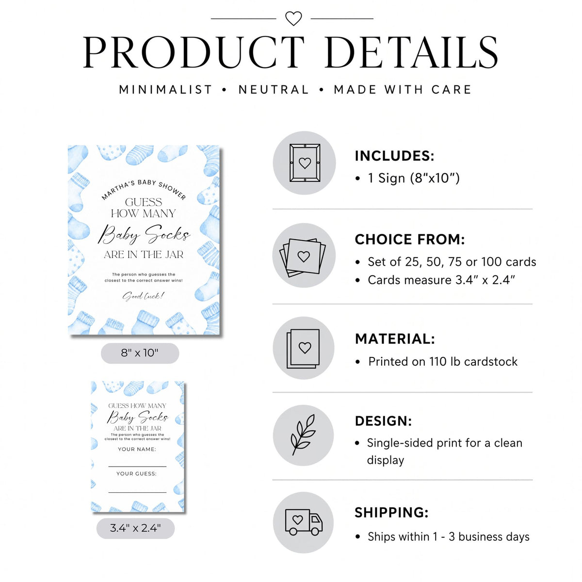 Product details graphic for a baby shower guess game sign. The image shows two printed sign designs with blue and white watercolor illustrations, one labeled 8" x 10" and one labeled 3.