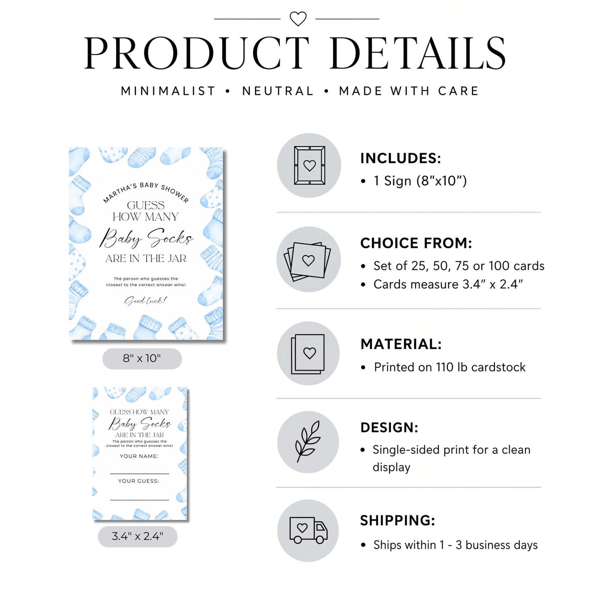 Product details graphic for a baby shower guess game sign. The image shows two printed sign designs with blue and white watercolor illustrations, one labeled 8" x 10" and one labeled 3.