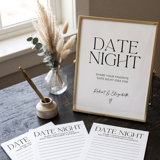 Minimalist date night idea bridal shower sign with matching advice cards for guests, personalized with Robert and Elizabeth names in elegant black typography and gold frame display.