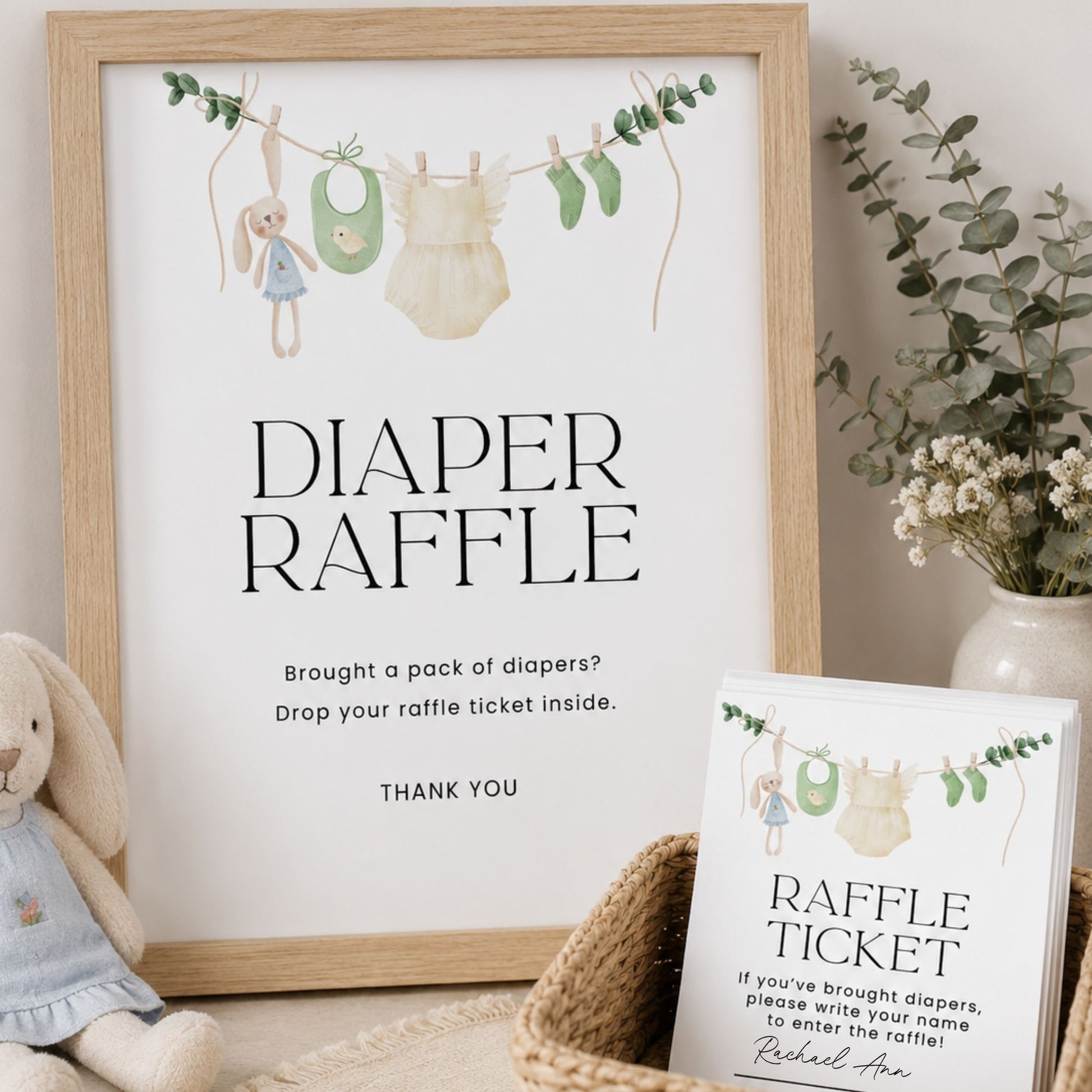 Framed 'Diaper Raffle' poster with raffle ticket on a neutral background