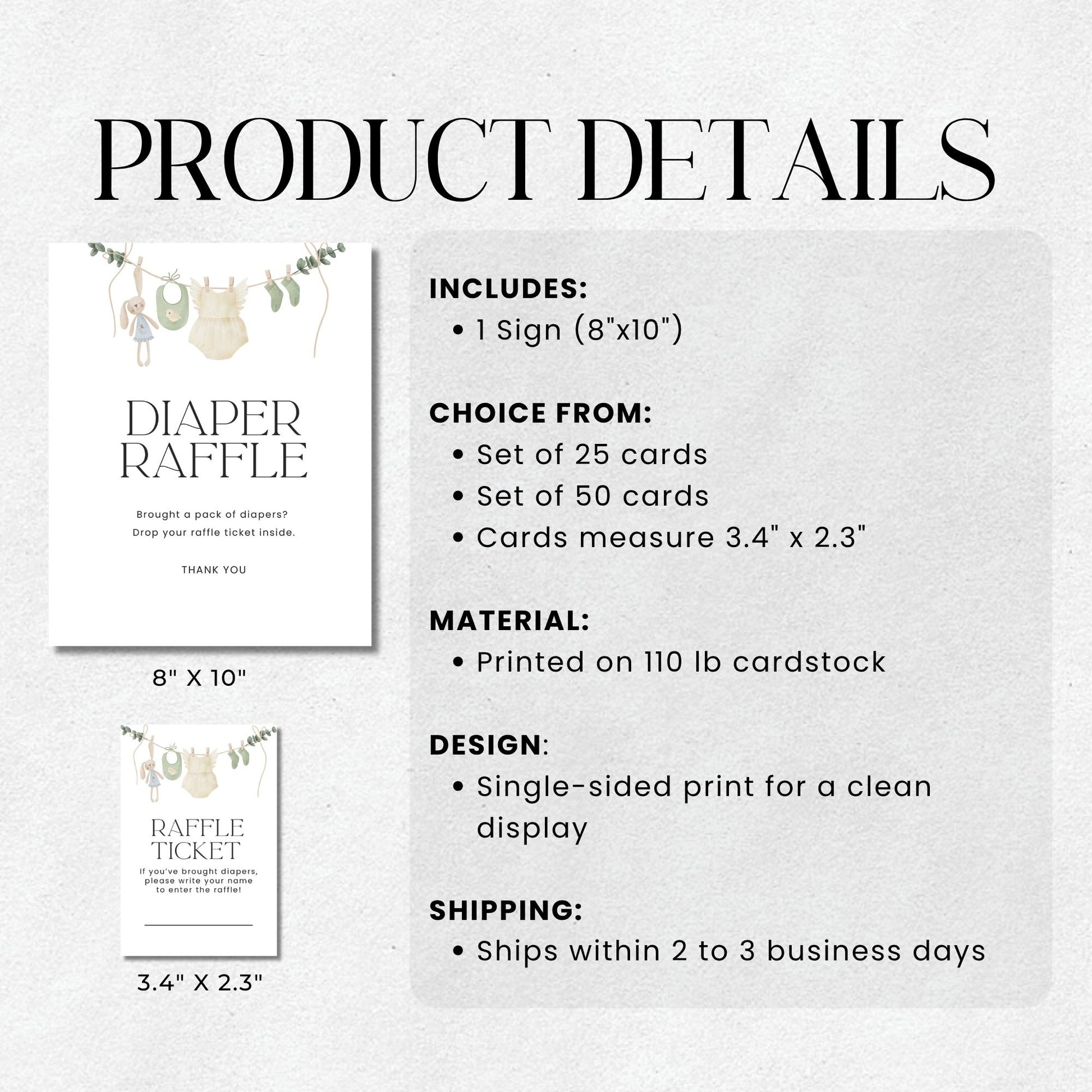 Product details of a diaper raffle set including sign and cards on a white background.