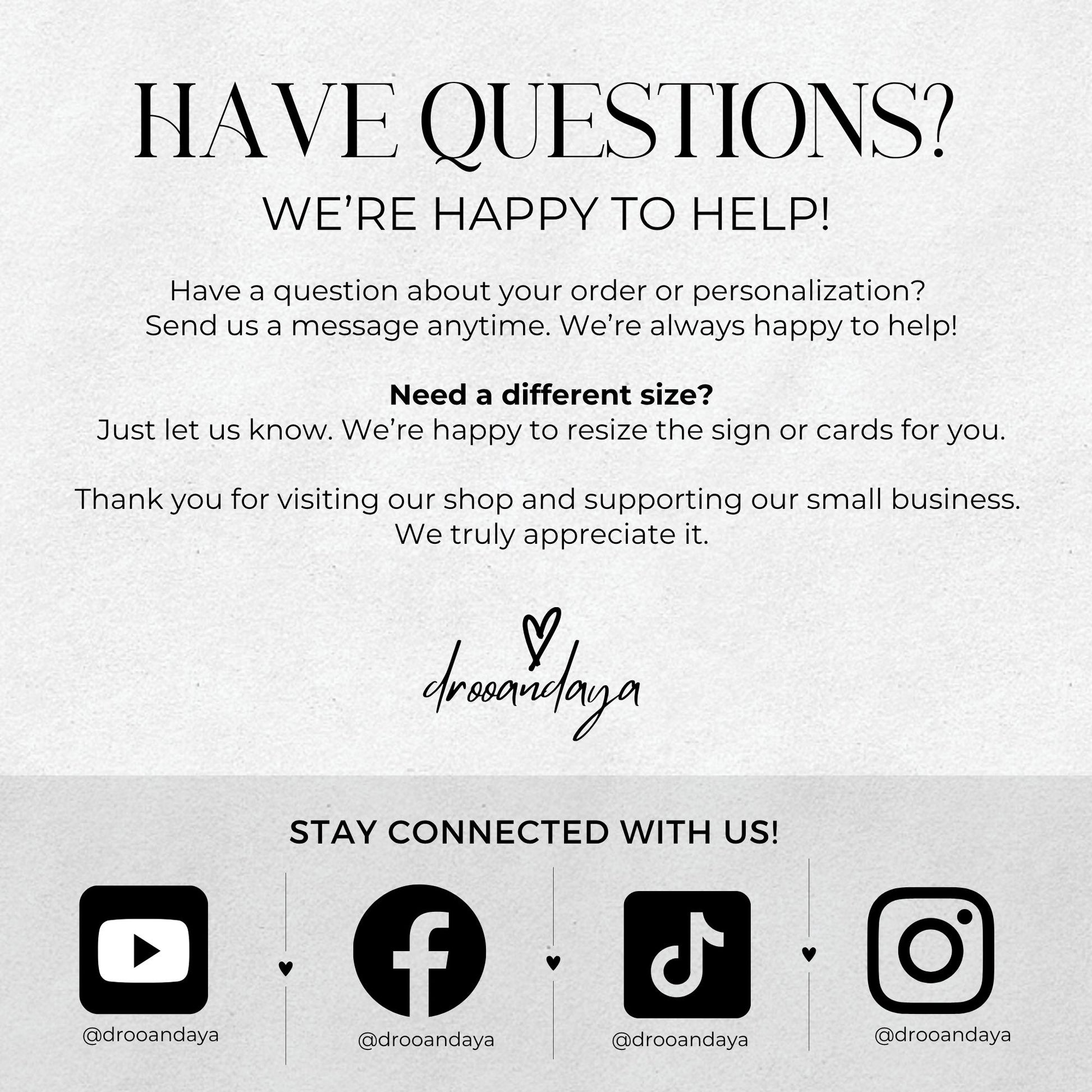 Customer service message with contact information and social media icons on a white background