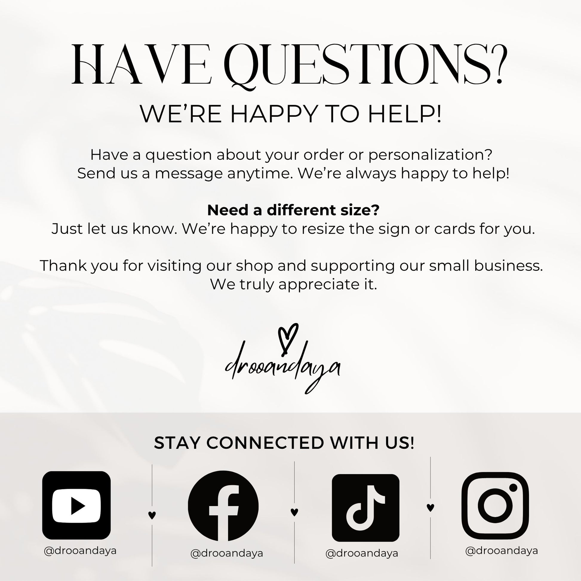 Customer service message with contact information and social media icons on a white background