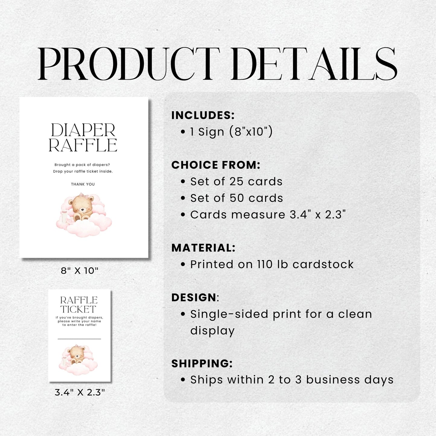 Product details of diaper raffle items including signs and cards on a light gray background.