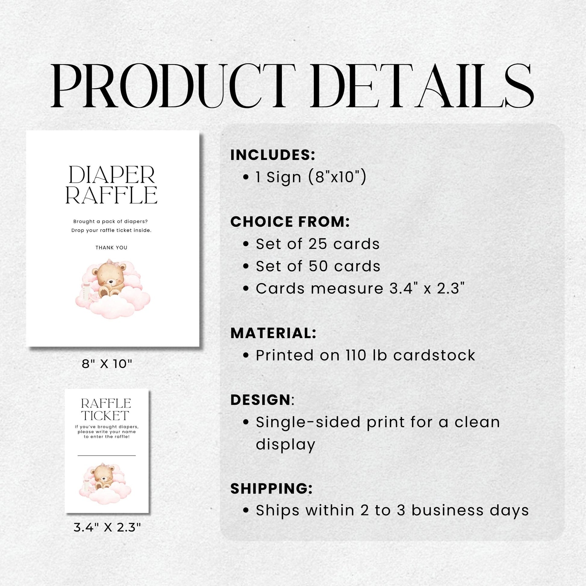 Product details of diaper raffle items including signs and cards on a light gray background.