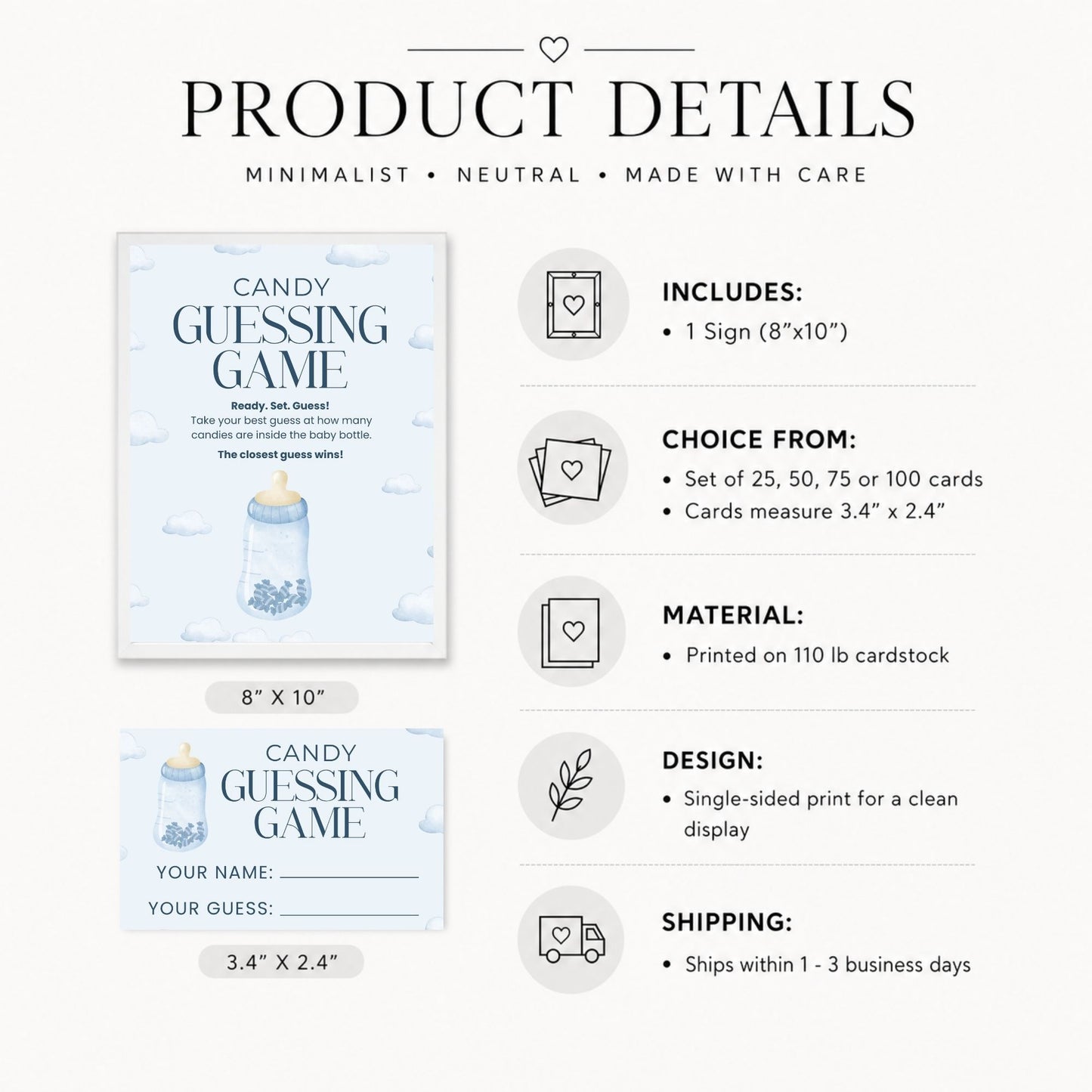 Baby Shower Candy Guessing Game Sign & Cards | Blue Cloud Baby Boy Shower Party Game