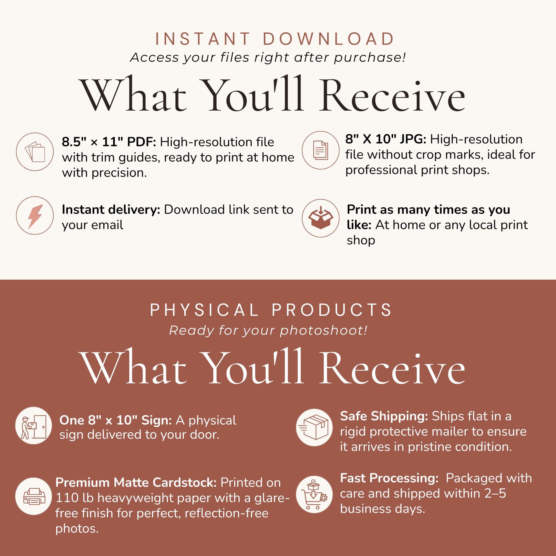 Promotional text detailing digital and physical product offerings with icons and descriptions.