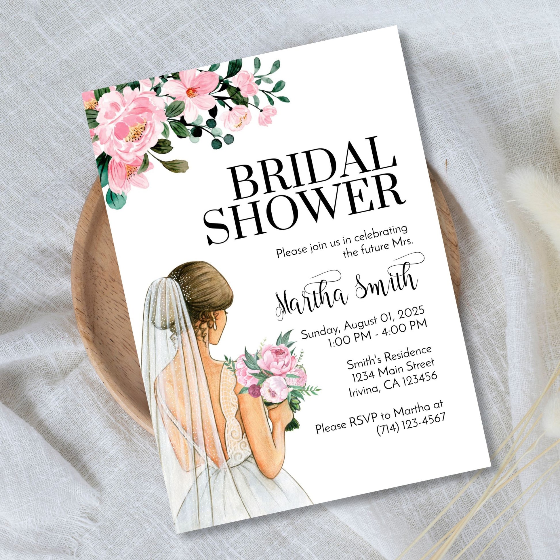 Bridal Shower Invitation Template - Floral Watercolor Bride Design 