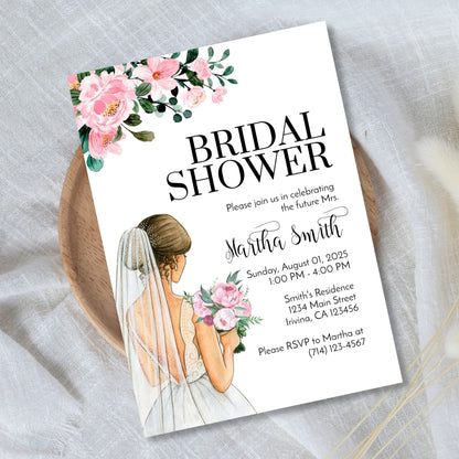 Bridal Shower Invitation Template - Floral Watercolor Bride Design 