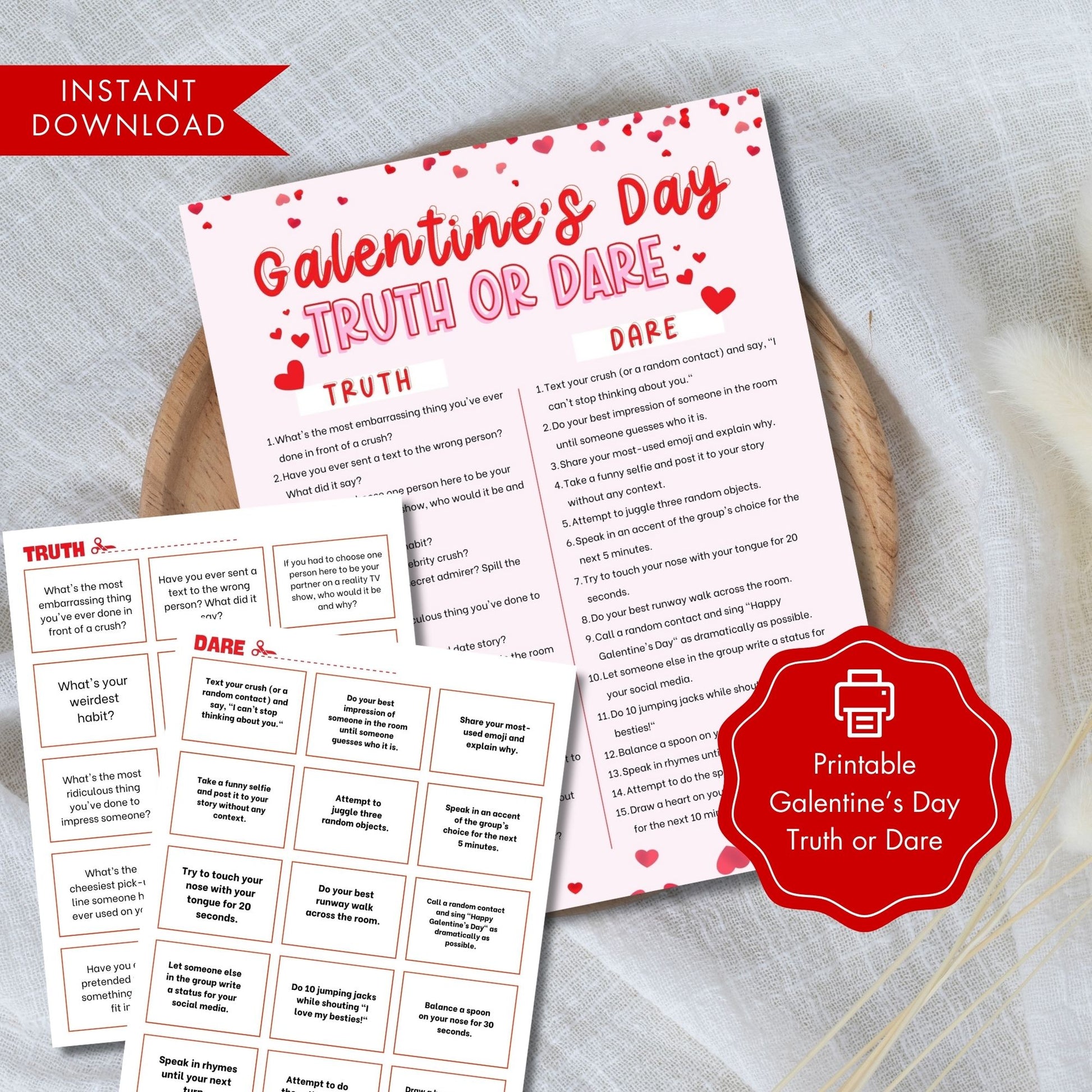 Galentine’s Day Truth or Dare Printable Game, Fun Party Activity for Friends, Digital Download PDF & JPG, No Physical Item, Instant Party Game
