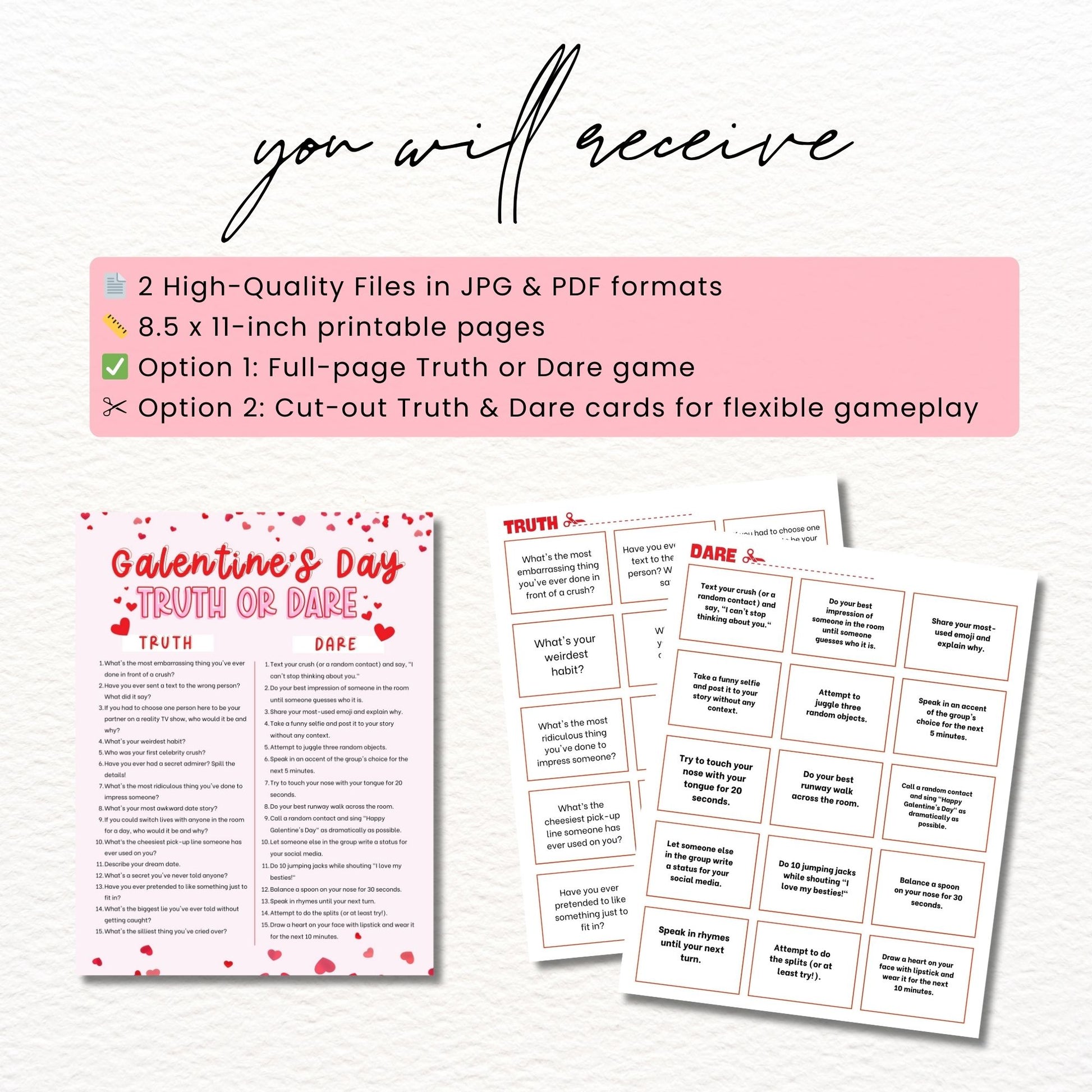 Galentine’s Day Truth or Dare Printable Game, Fun Party Activity for Friends, Digital Download PDF & JPG, No Physical Item, Instant Party Game