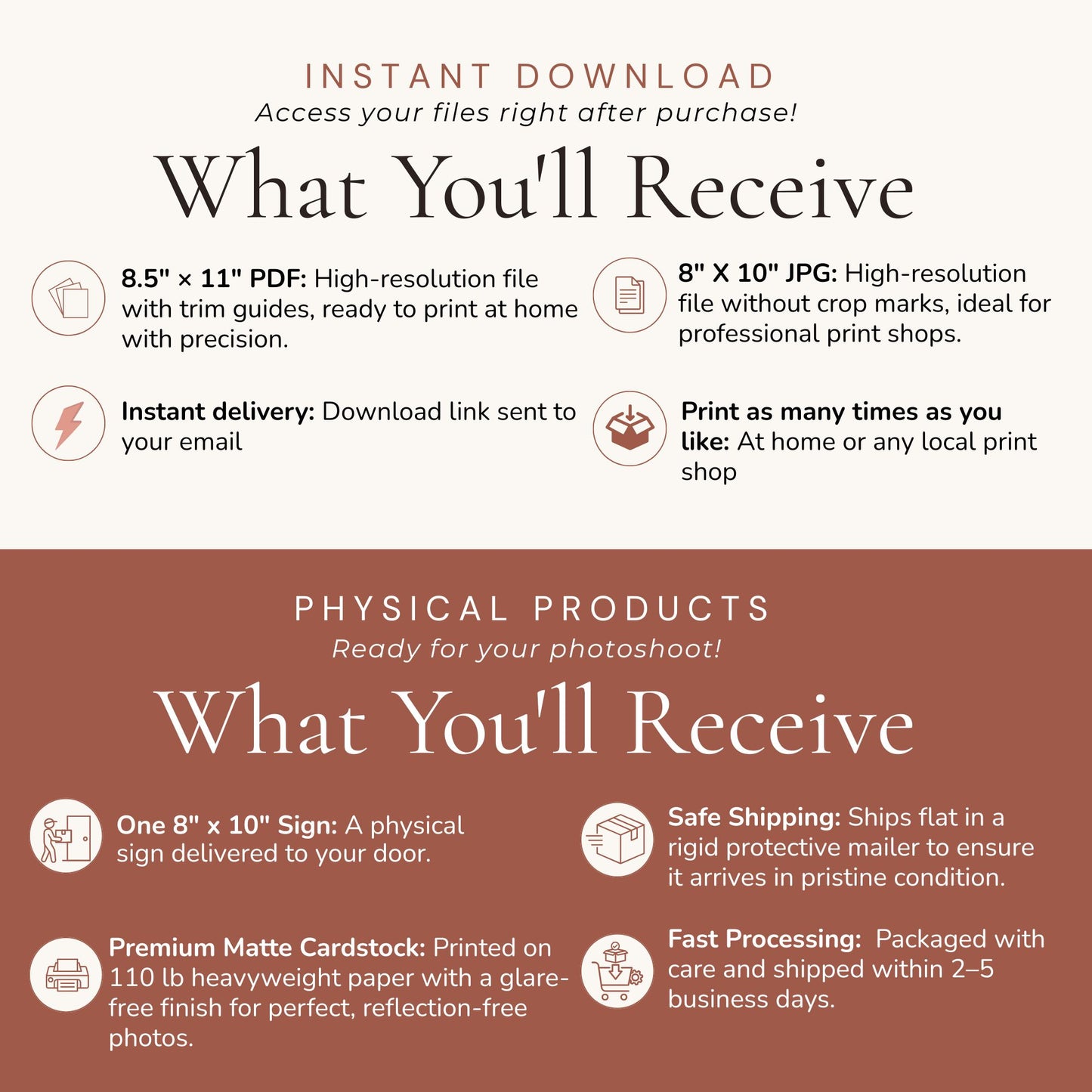 Promotional text detailing digital and physical product offerings with icons and descriptions.