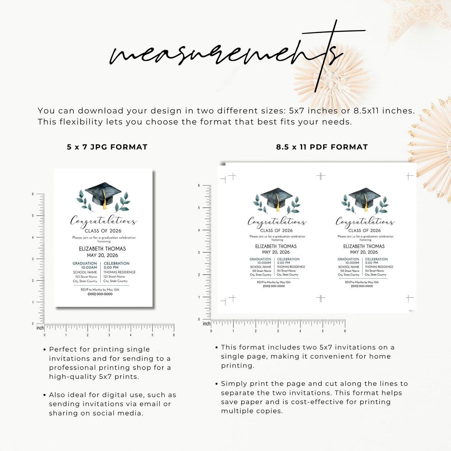 An informational graphic titled "measurements." It shows two sizing options: a single 5x7 inch JPG format for professional printing or digital use, and an 8.5x11 inch PDF format which places two invitations on one page with trim marks for convenient home printing.