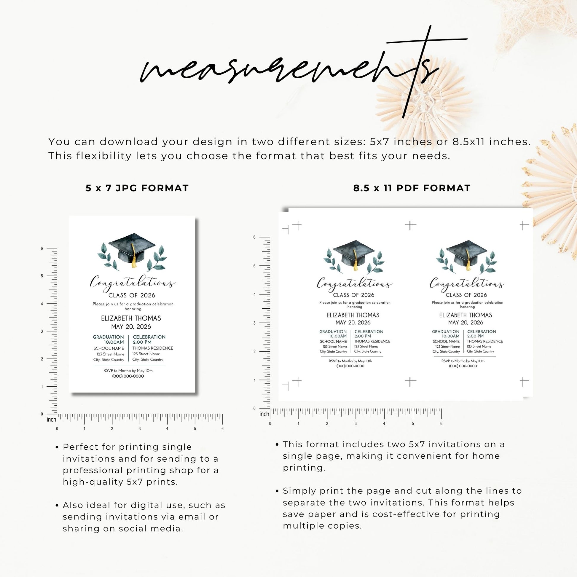 An informational graphic titled "measurements." It shows two sizing options: a single 5x7 inch JPG format for professional printing or digital use, and an 8.5x11 inch PDF format which places two invitations on one page with trim marks for convenient home printing.