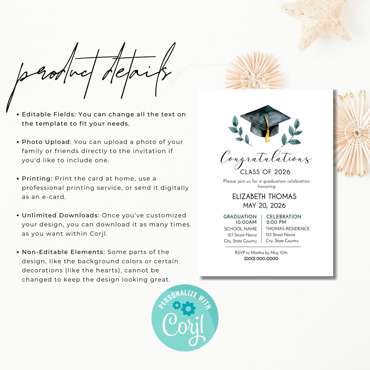 A graphic titled "product details" listing the features of the invitation. Bullet points highlight editable text fields, the ability to upload a photo, home or professional printing options, and unlimited downloads via Corjl. A "Personalize with Corjl" logo is visible at the bottom.
