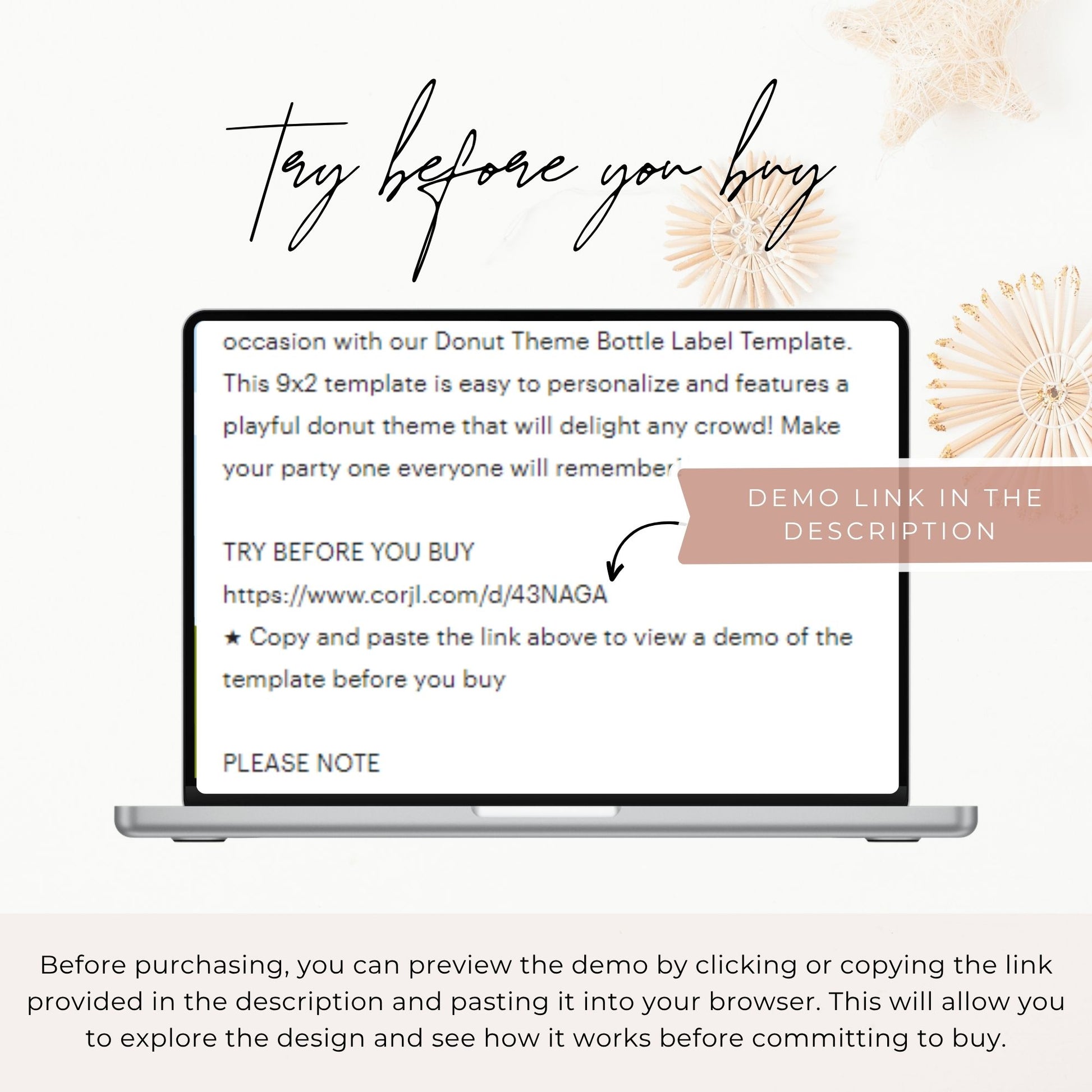 A laptop screen displays a "Try before you buy" demo page. It shows a URL link (corjl.com/d/43NAGA) and instructions to copy and paste the link to preview the editable template before purchasing.