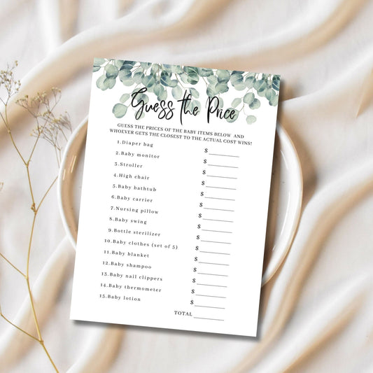 Guess the Price Baby Shower Game Greenery 5x7