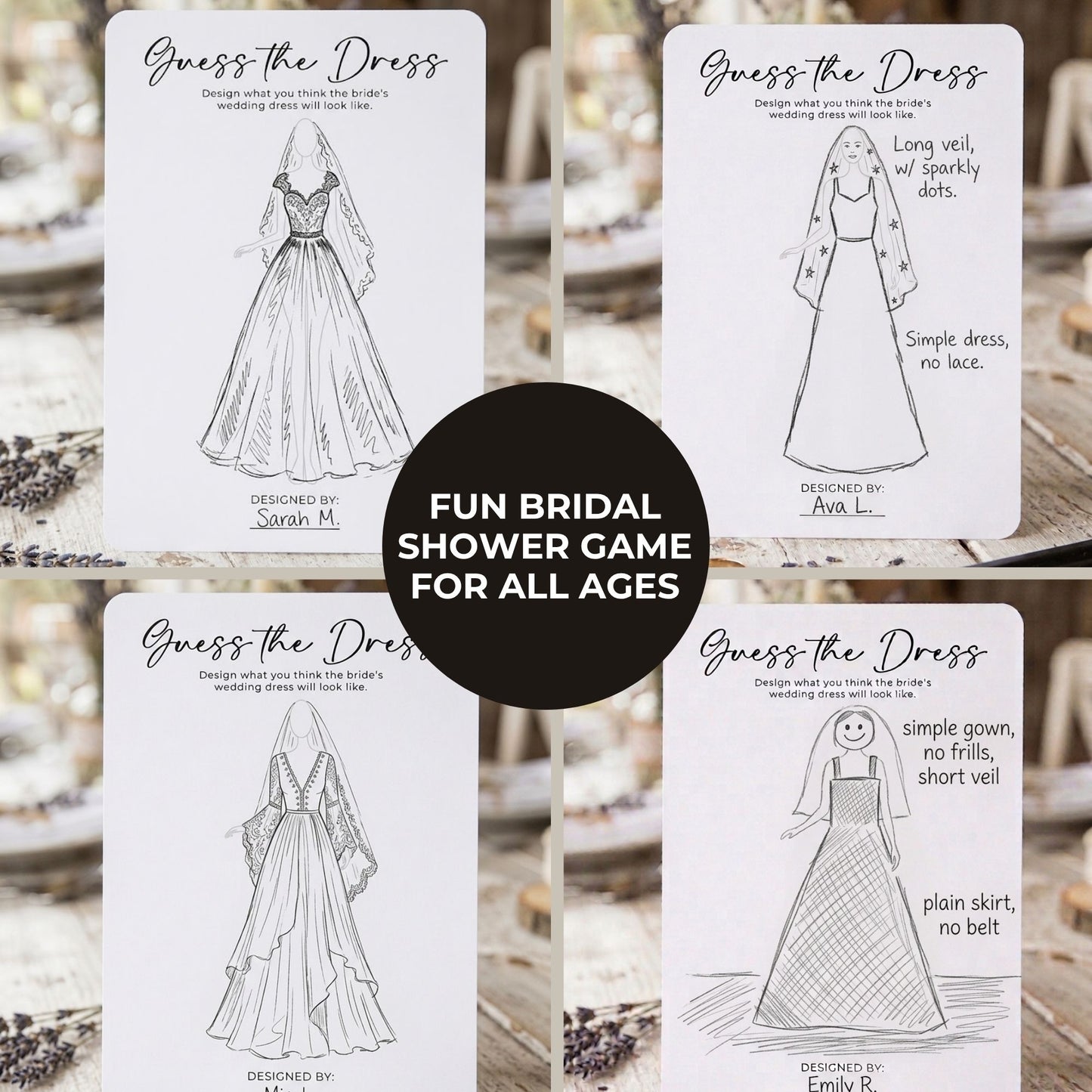 Guess the Dress bridal shower game cards with illustrations of wedding dresses on a rustic background.
