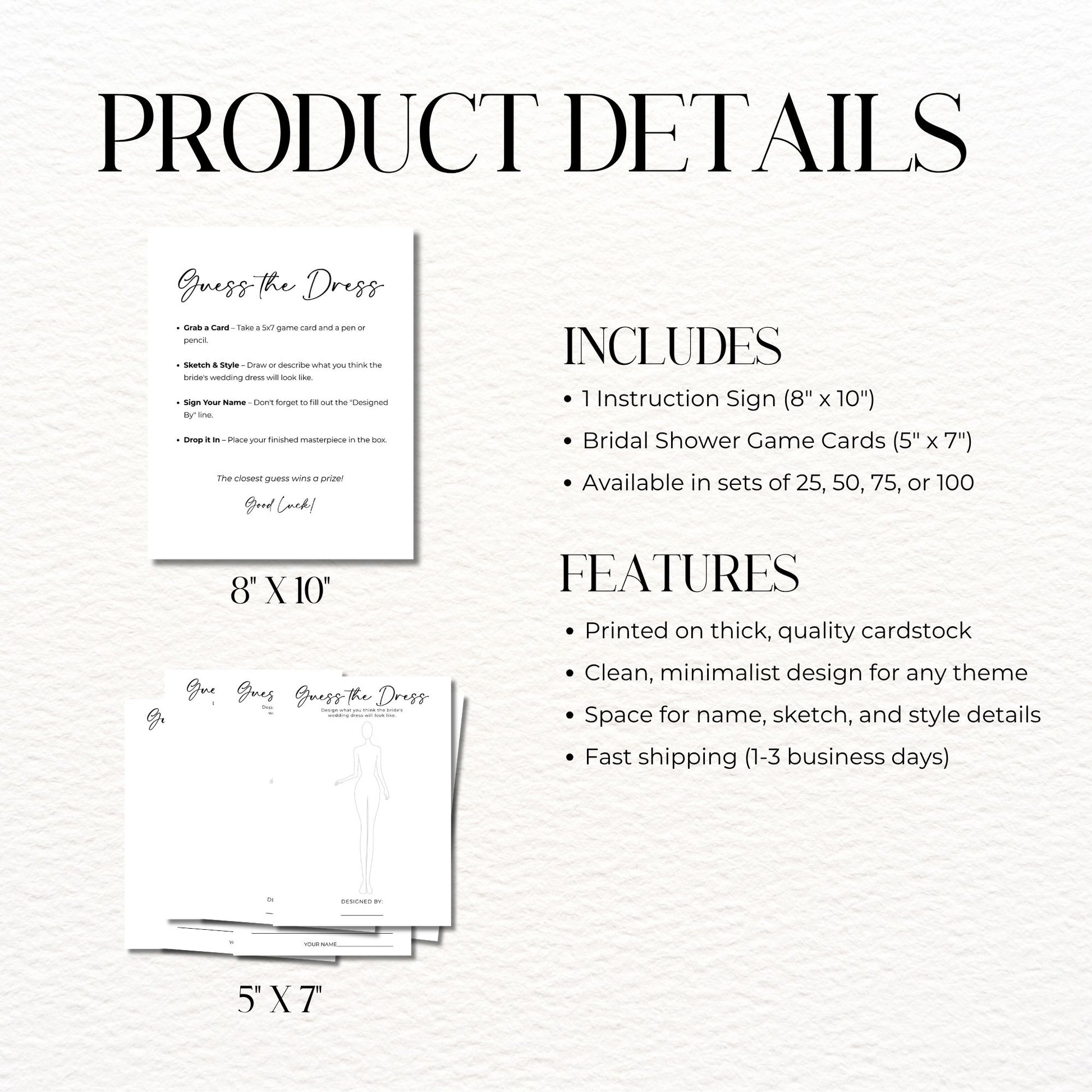 Product details of 'Guess the Dress' bridal shower game including size and quantity options on a white background.