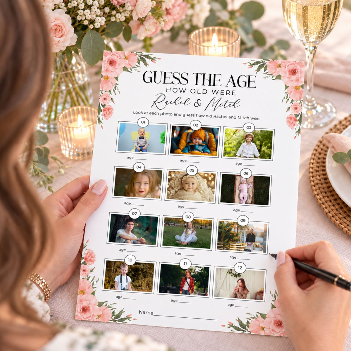 A woman holds a printed 'Guess the Age' party game sheet featuring photos of a couple from their wedding, surrounded by candles, flowers, and a champagne flute in a styled event setting.