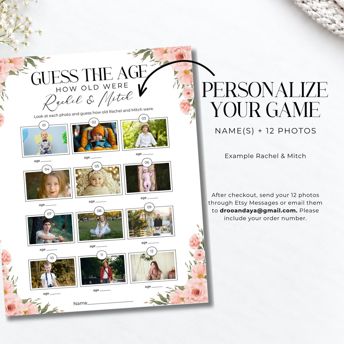 A personalized 'Guess the Age' photo game printable card shown on a white background with floral border graphics. The left side displays a sample card with placeholder photos of a woman and child, labeled with ages, while the right side contains text explaining how to customize the game with 12 photos via Etsy message or email.