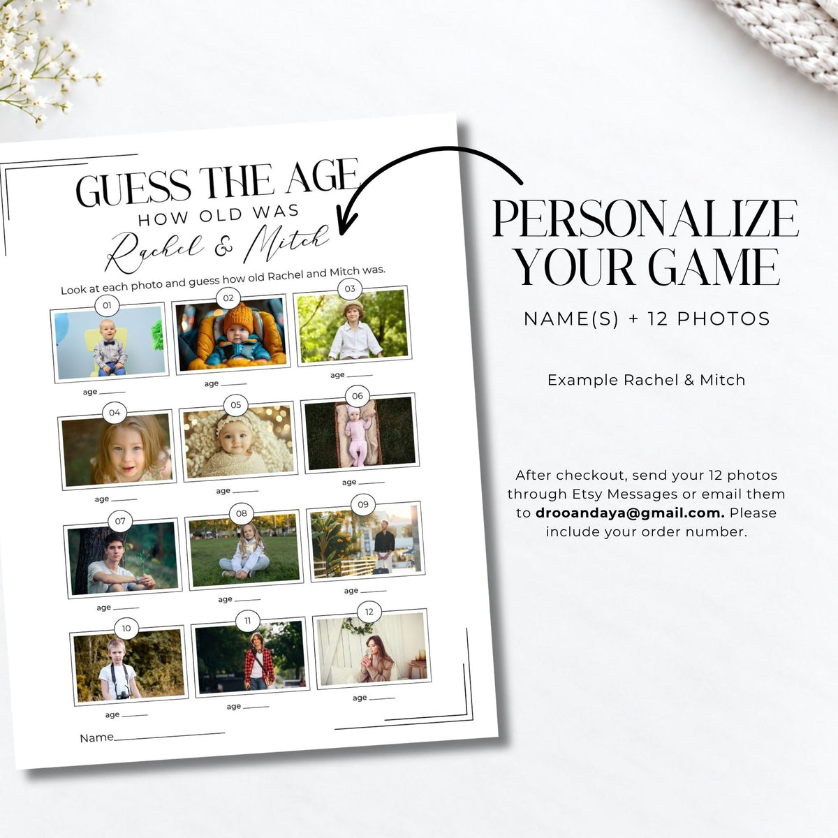 A personalized 'Guess the Age' photo game printable sheet shown on a white background, with text on the right explaining personalization options for names and 12 photos. The left sheet contains example photo tiles with age guesses and a name field.