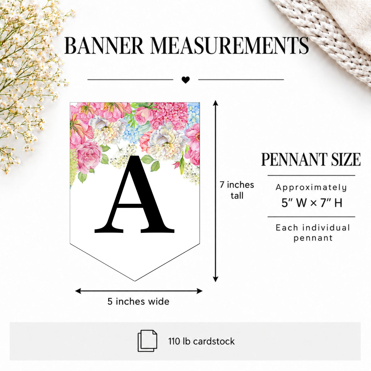 Banner measurements graphic showing a floral pennant banner design with a large black letter A, labeled 7 inches tall and 5 inches wide, on a clean white background with decorative flowers and a knit fabric corner.