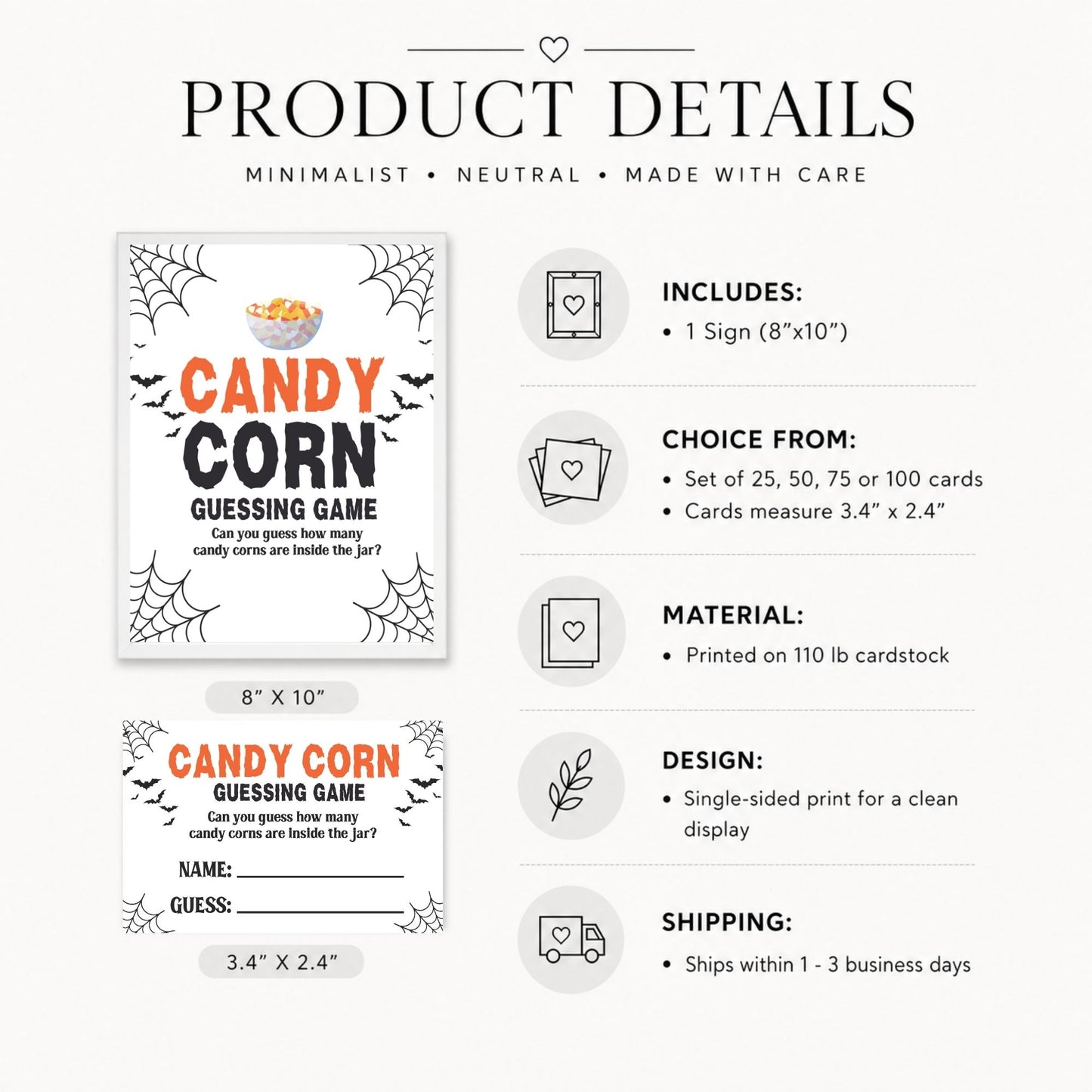 Product details graphic for a Halloween candy corn guessing game card set, showing the printed card design and text listing included size, quantity, material, design, and shipping information on a light background.