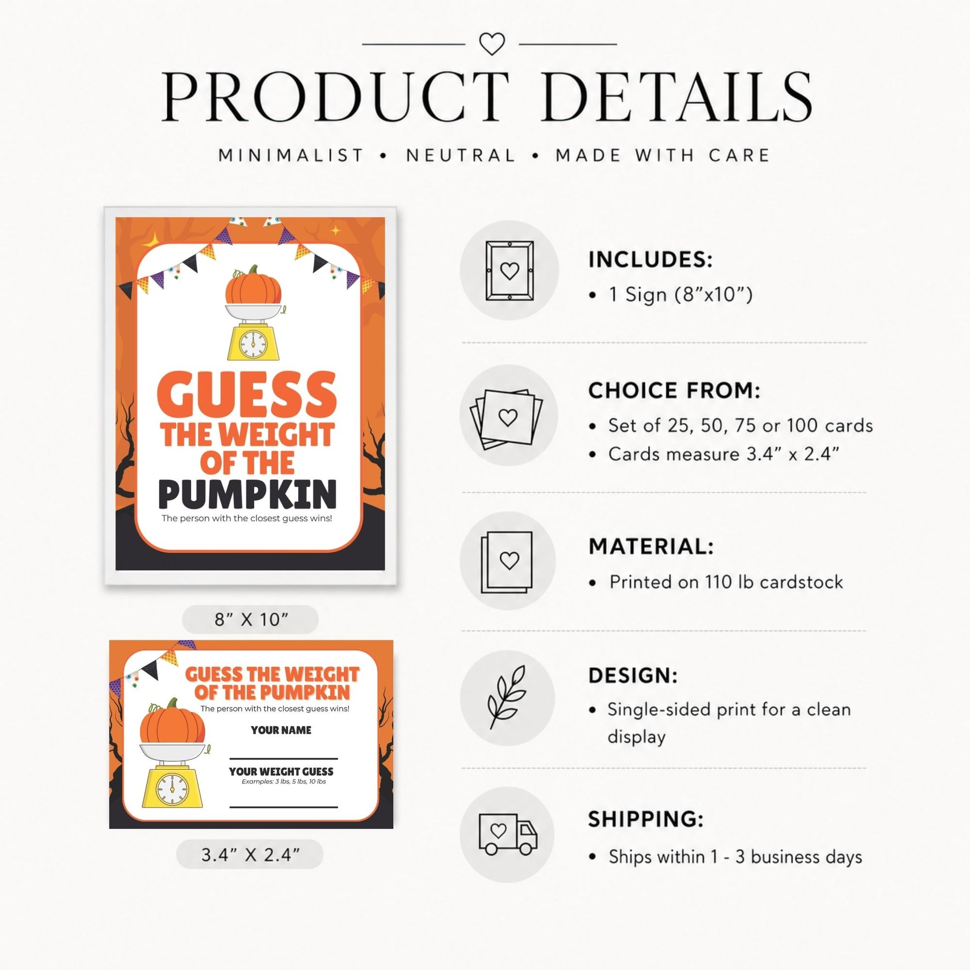 Product details graphic for a 'Guess the Weight of the Pumpkin' printable sign and card set, showing the orange and black sign design, smaller card preview, and text listing included items, card sizes, material, design, and shipping on a light gray background.