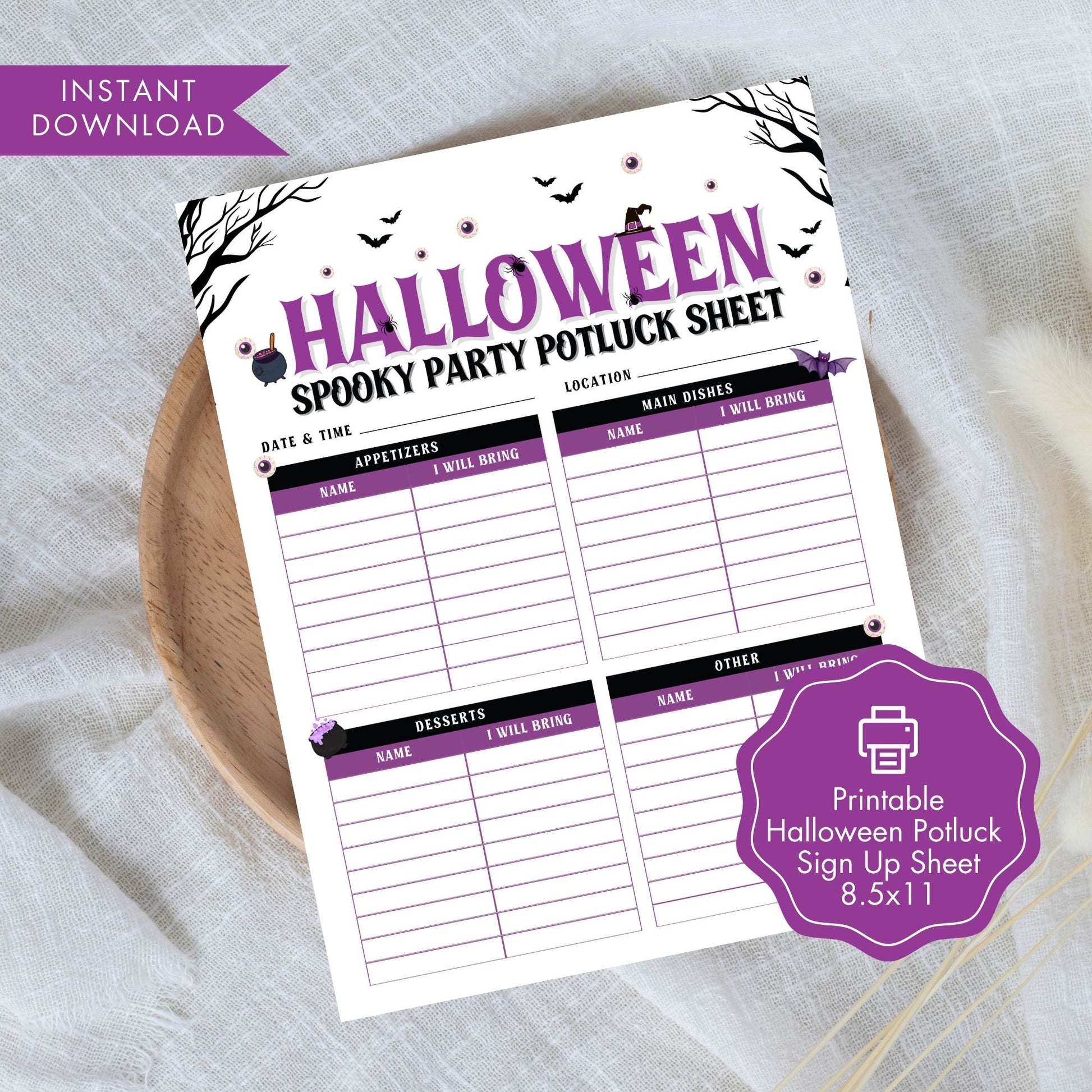 Halloween Potluck Sign Up Sheet 8.5x11 | Printable Party Food Sign Up Form | Editable Autumn Gathering Sheet | Instant Download PDF JPG