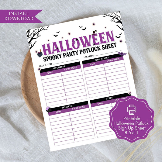 Halloween Potluck Sign Up Sheet 8.5x11 | Printable Party Food Sign Up Form | Editable Autumn Gathering Sheet | Instant Download PDF JPG