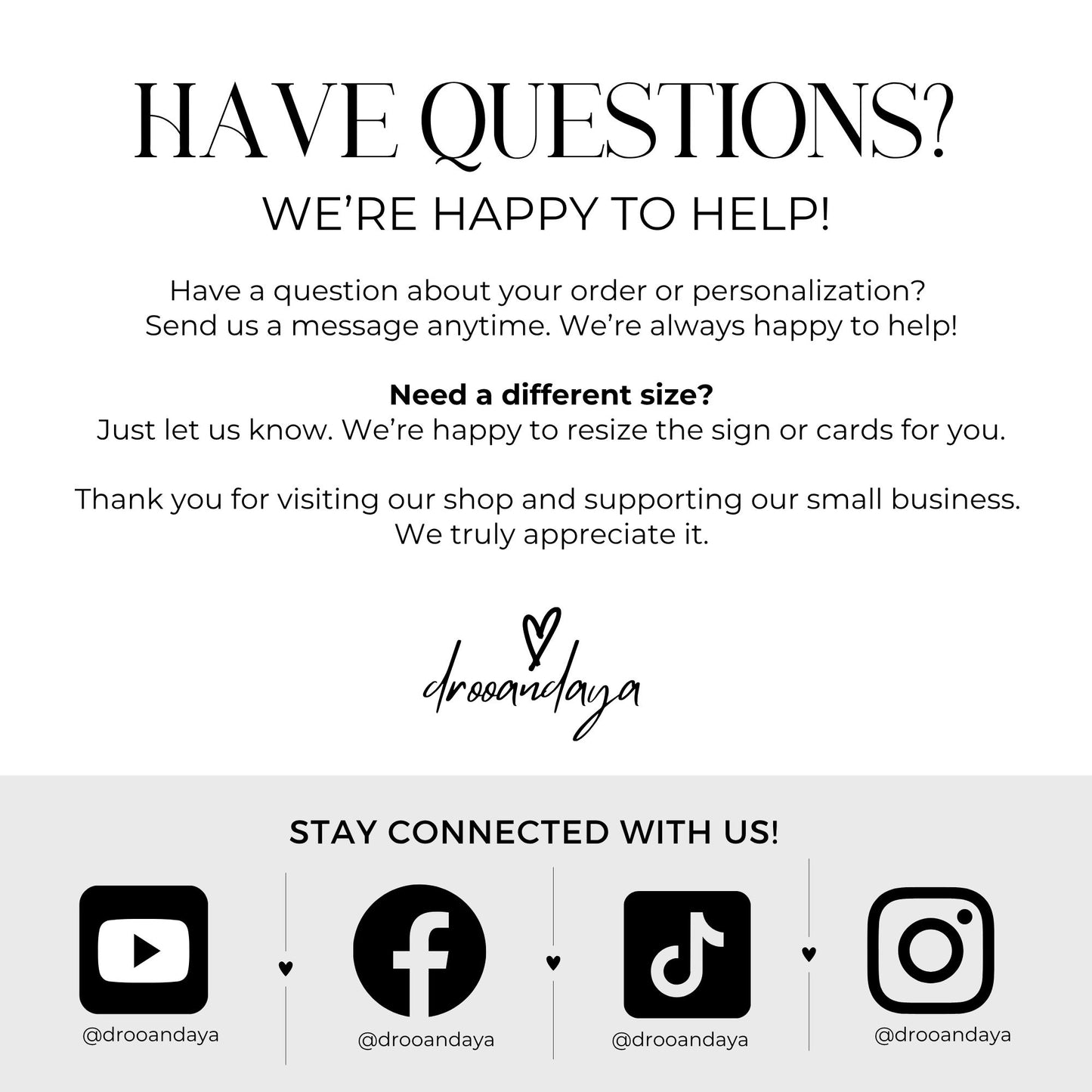 Customer service message with contact information and social media icons on a white background