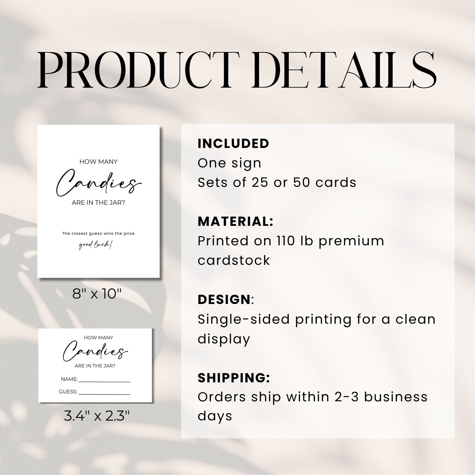 Product details of a card with text and dimensions on a light gray background