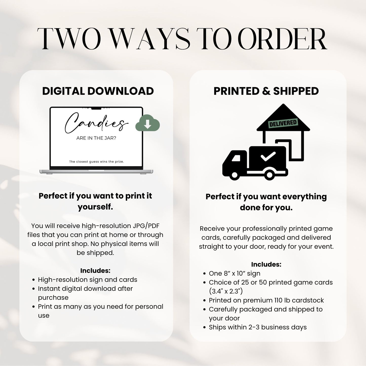 Two ways to order graphic with digital download and printed & shipped options on a light gray background.