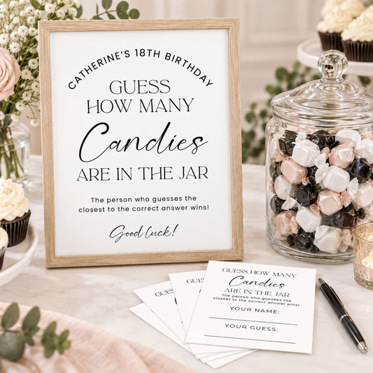 A framed custom party sign reading 'Catherine's 18th Birthday Guess How Many Candies Are in the Jar' displayed on a table with candy jars, cupcakes, and matching cards.